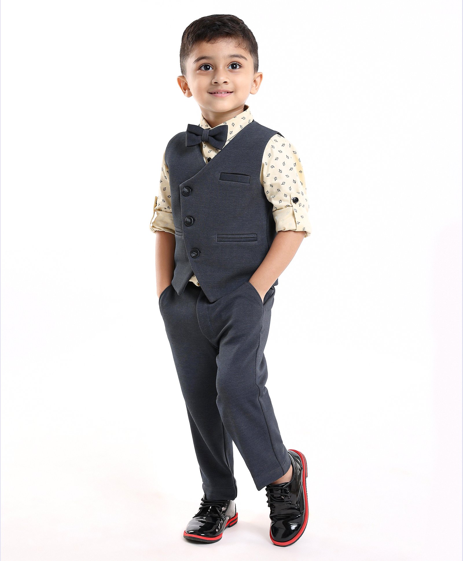 Robo Fry Full Sleeves 3 Pieces Party Suit With Bow - Grey-picture-16