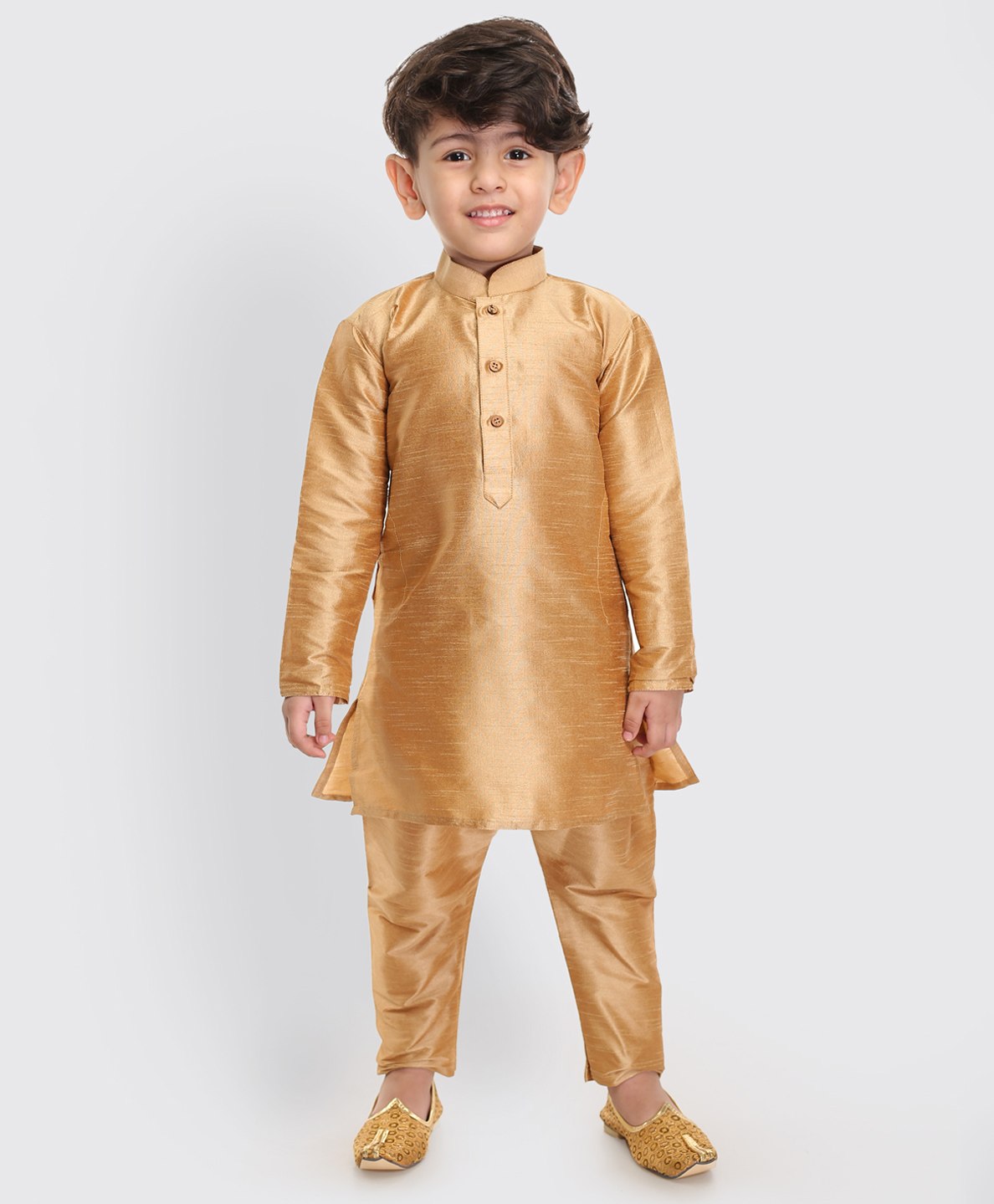 Vastramay Full Sleeves Solid Front Button Closure Kurta & Pajama Set - Gold-image-5