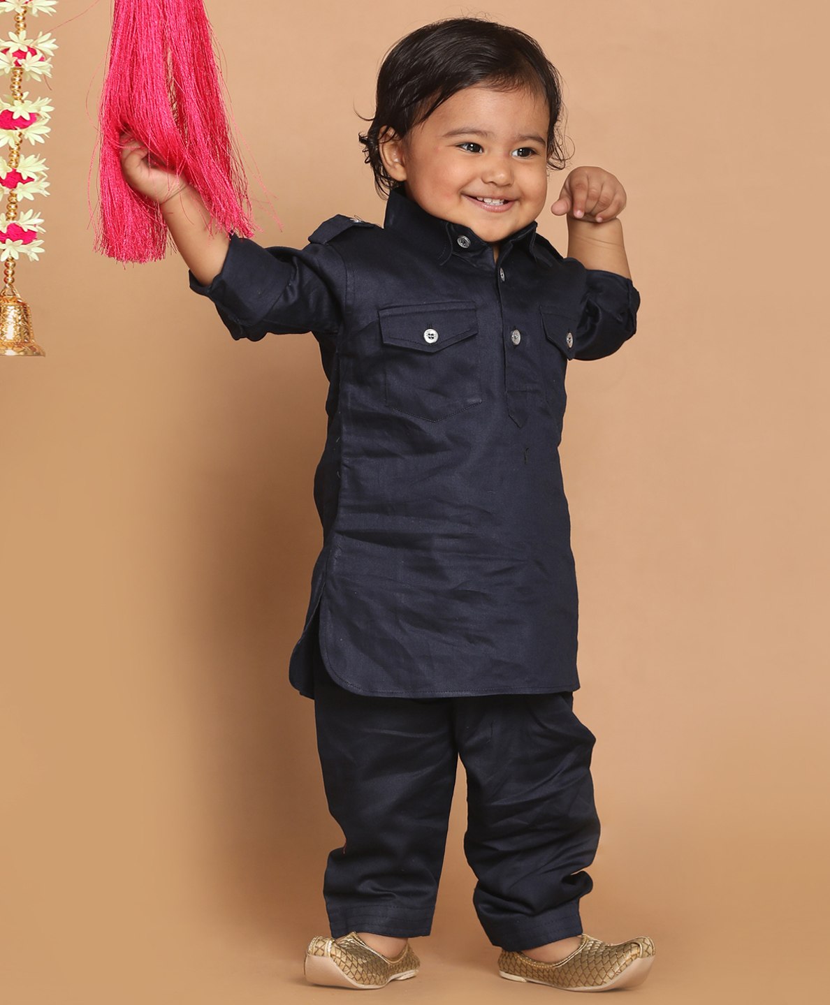 Vastramay Full Sleeves Pathani Kurta With Pyjama - Navy Blue-picture-22
