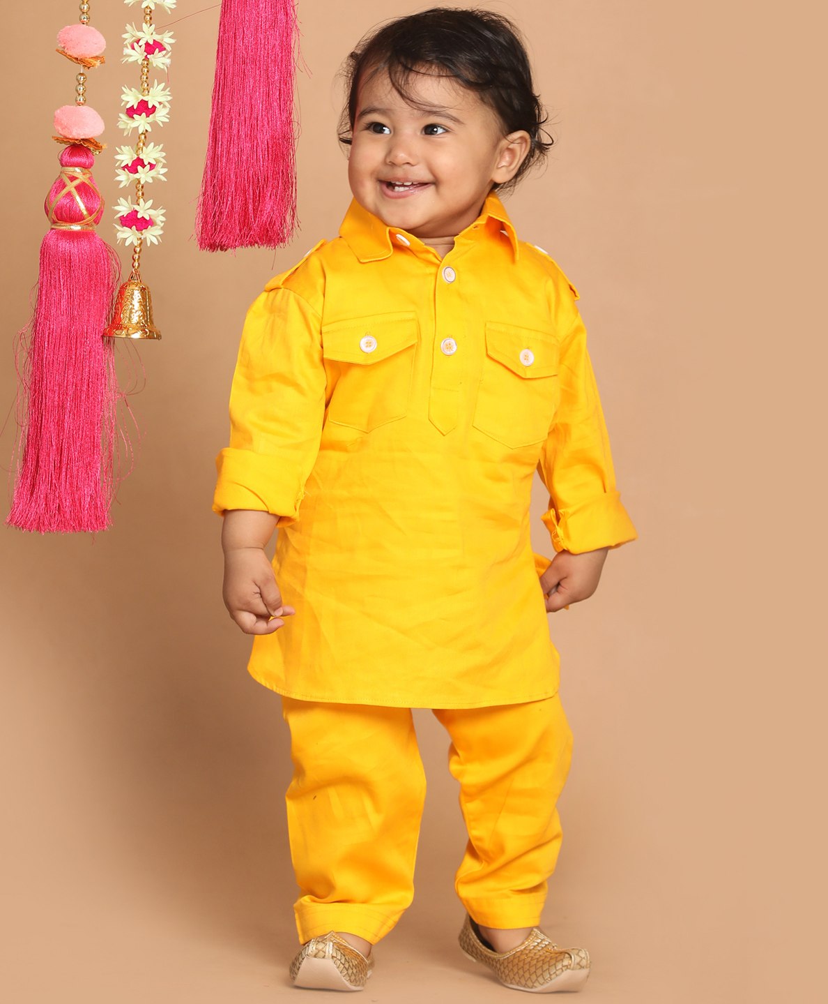 Vastramay Full Sleeves Pathani Kurta With Pyjama - Yellow-picture-12