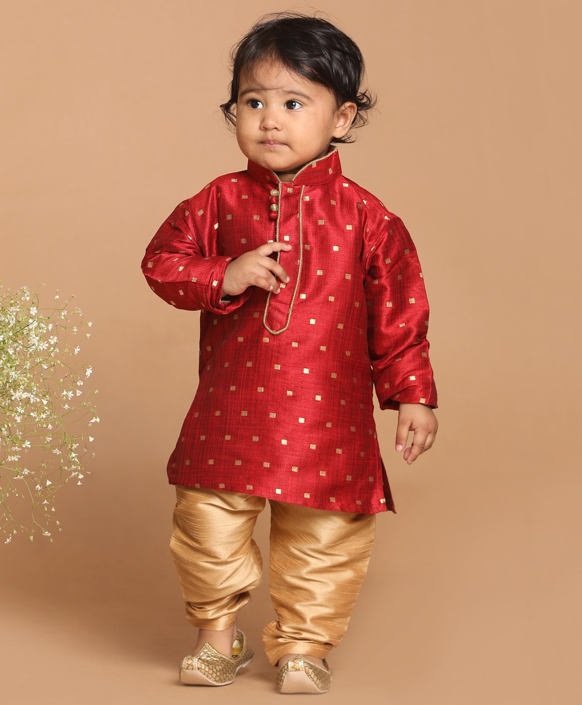 VASTRAMAY SHISHU Full Sleeves Foil Square Threadwork Detail Kurta With Pyjama - Maroon-image-15