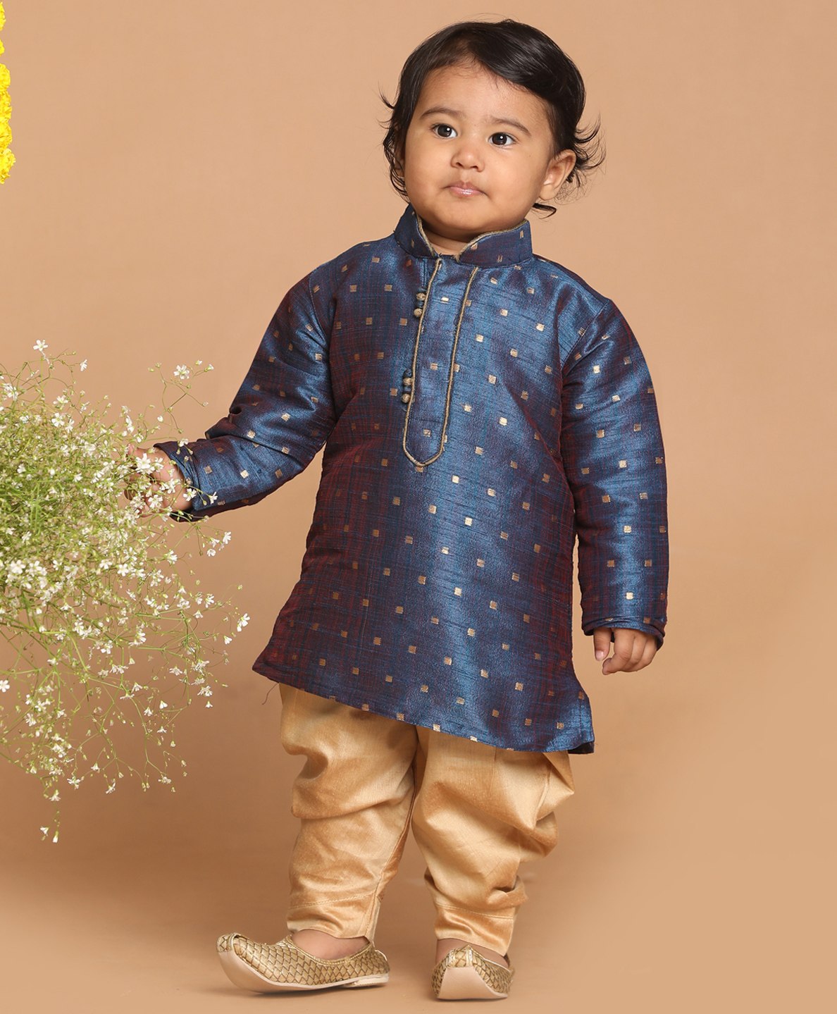 Vastramay Full Sleeves Foil Square Threadwork Detail Kurta & Solid Dhoti Set - Navy Blue-image-10