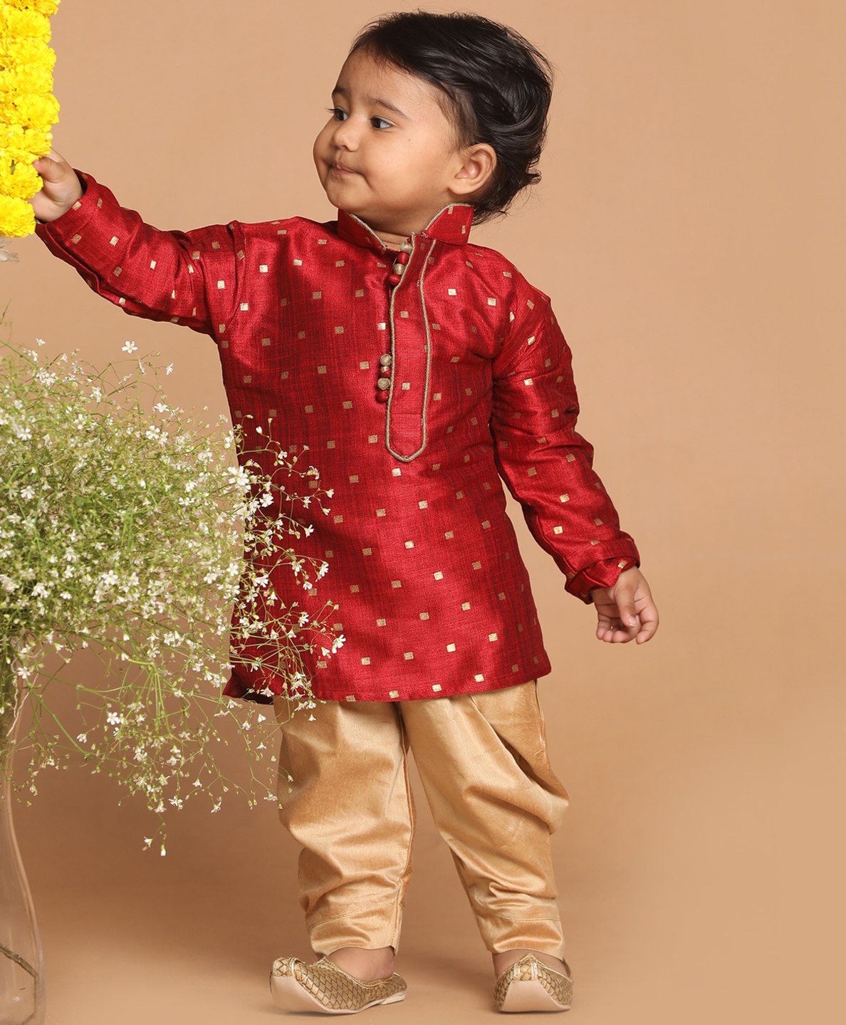 Vastramay Full Sleeves Foil Square Threadwork Detail Kurta & Solid Dhoti Set - Maroon-image-21