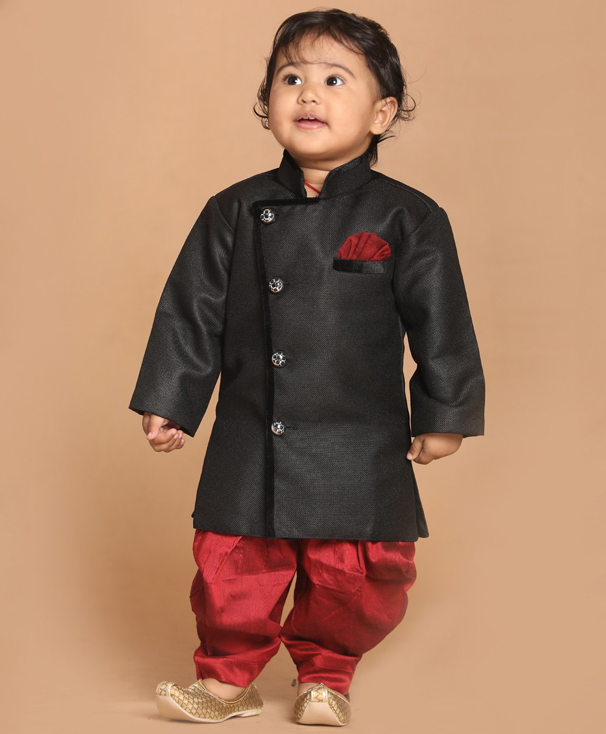 Vastramay Full Sleeves Solid Kurta & Dhoti Set - Black & Maroon-image-39