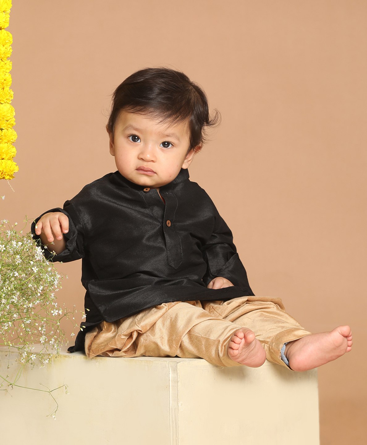 Vastramay Full Sleeves Solid Kurta & Dhoti Set - Black & Gold-picture-15