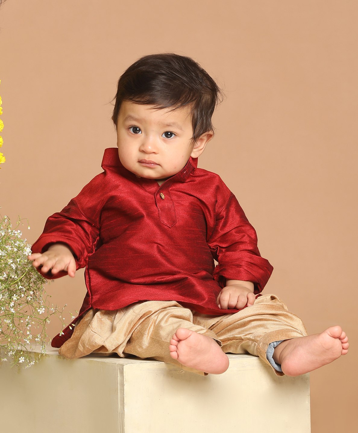 Vastramay Full Sleeves Solid Kurta & Dhoti Set - Red & Gold-image-4