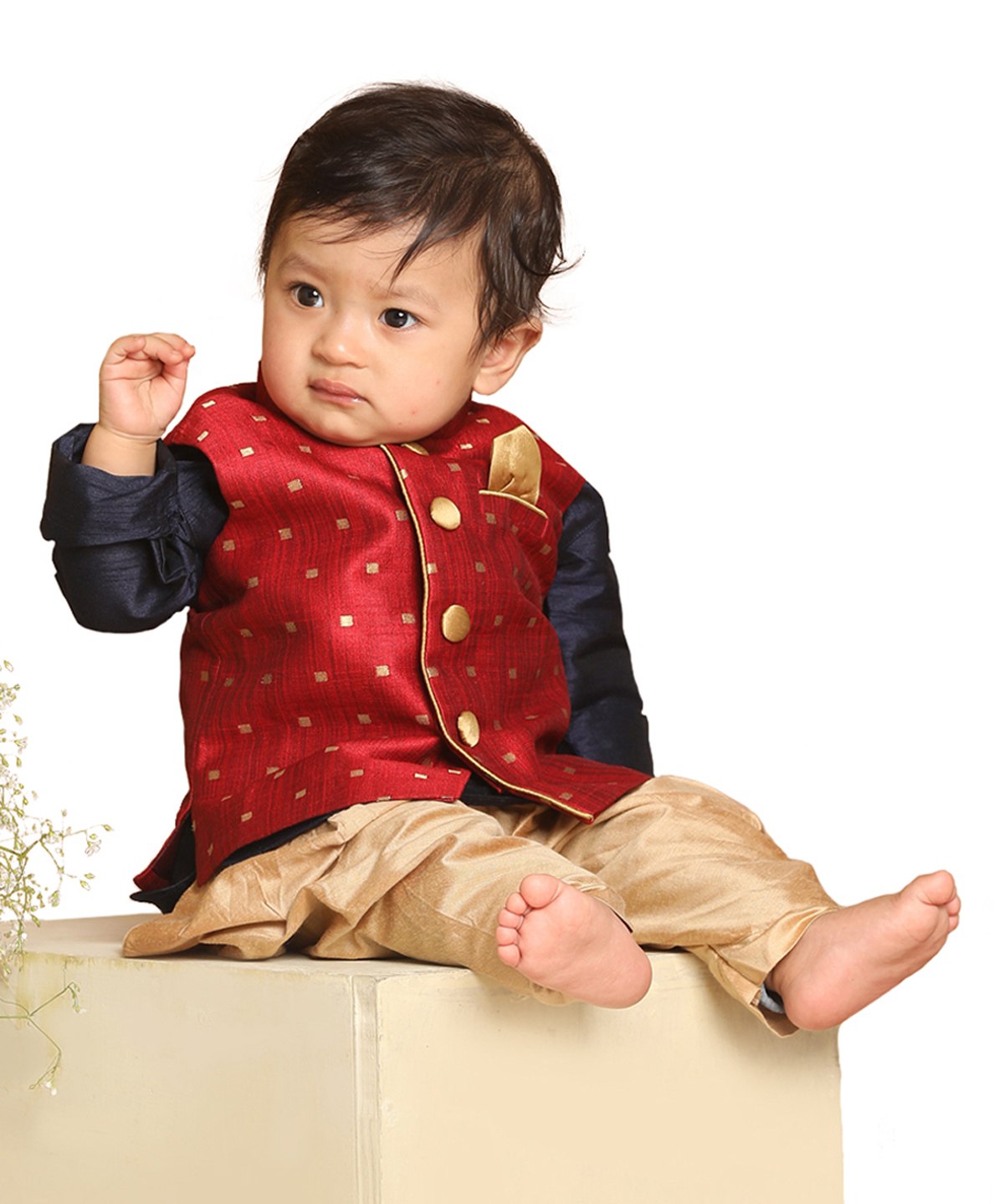Vastramay Full Sleeves Solid Kurta & Dhoti With Foil Square Threadwork Detail Jacket - Navy Blue Gold & Maroon-image-24