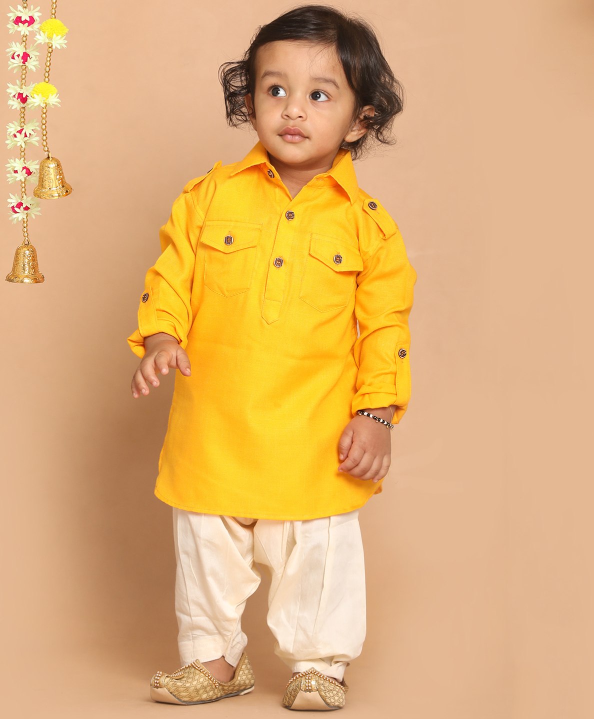 Vastramay Full Sleeves Pathani Kurta With Dhoti - Yellow-image-39