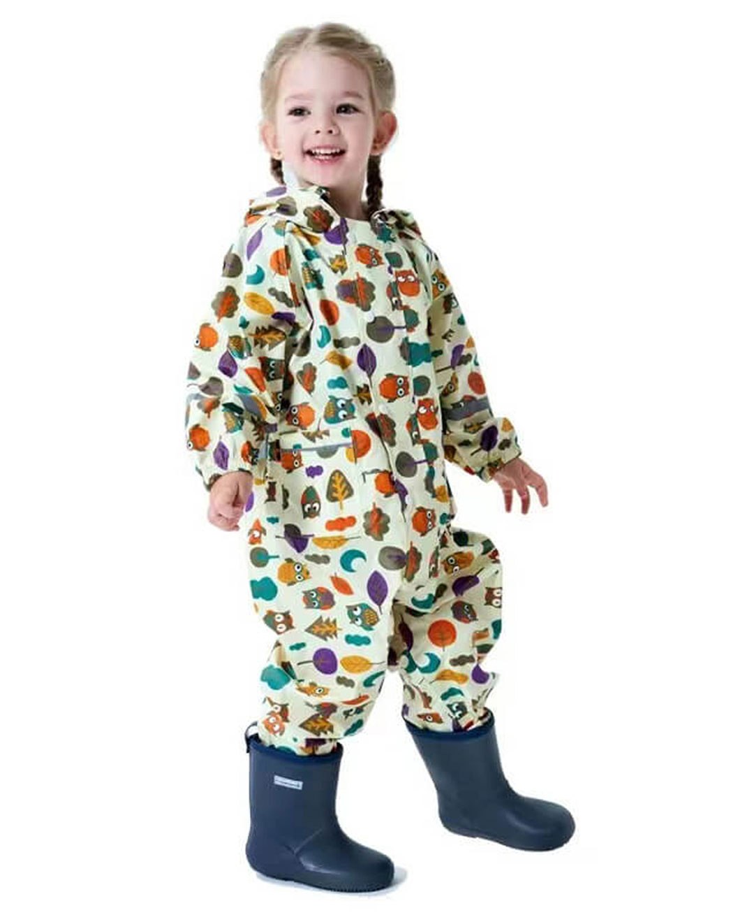 Little Surprise Box Full Sleeves All Over Leaf & Owl Printed Hooded Rain Coat - Cream-picture-21