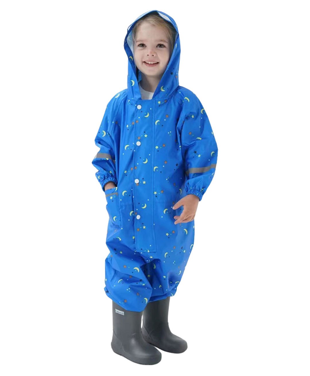 Little Surprise Box Full Sleeves Starry Galaxy Themed All Over Star & Moon Printed Hooded Rain Coat - Blue-image-3