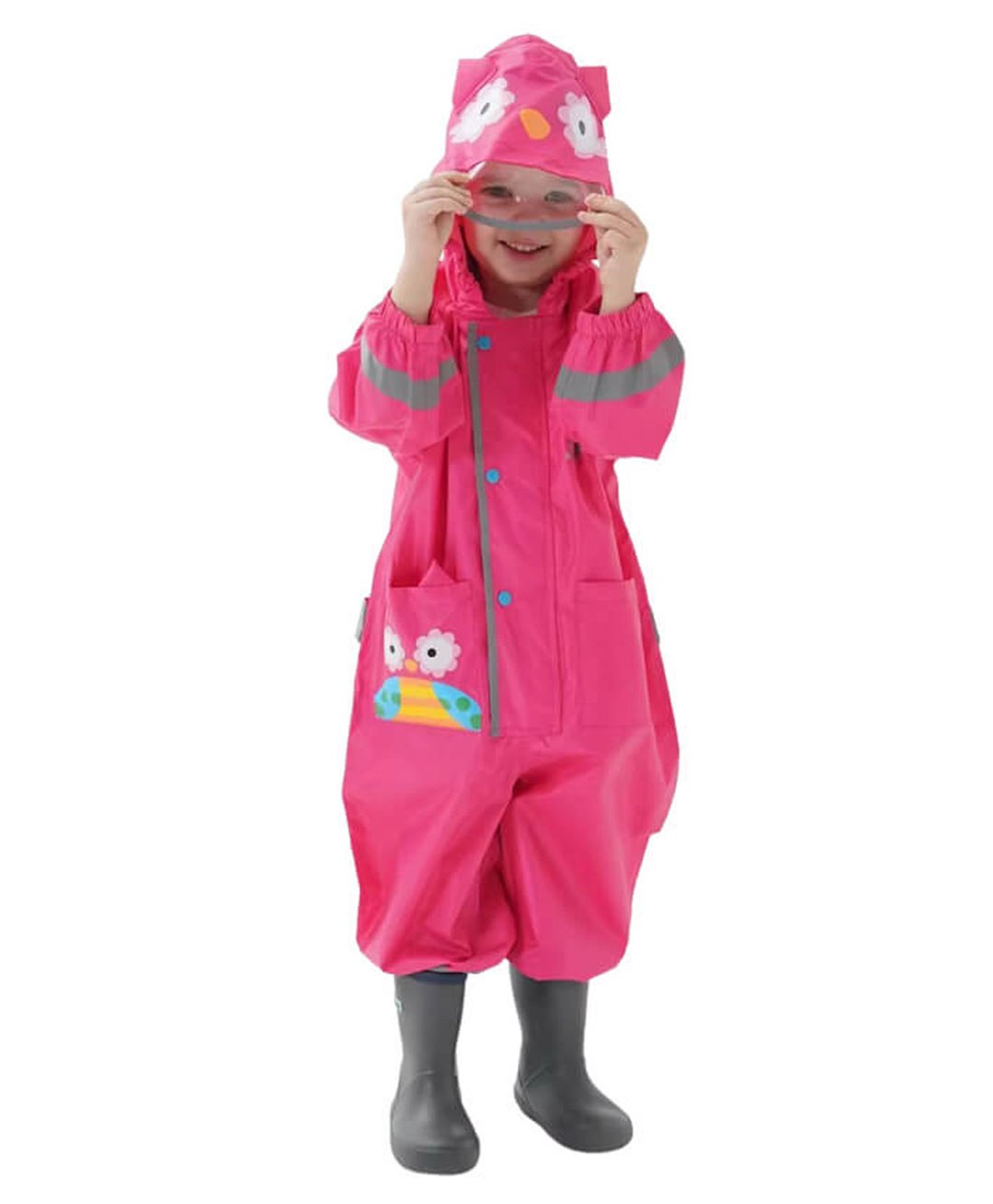 Little Surprise Box Full Sleeves Placement Owl Printed Hooded Rain Coat With Front Pocket- Pink-image-31