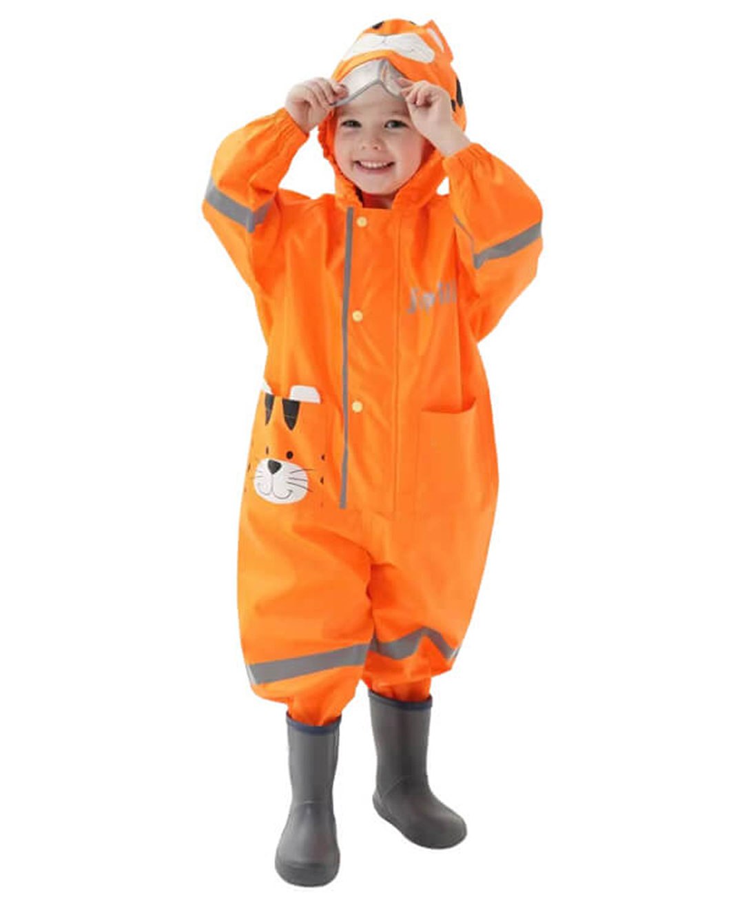 Little Surprise Box Full Sleeves Placement Tiger Printed Hooded Rain Coat With Front Pocket- Orange-picture-21