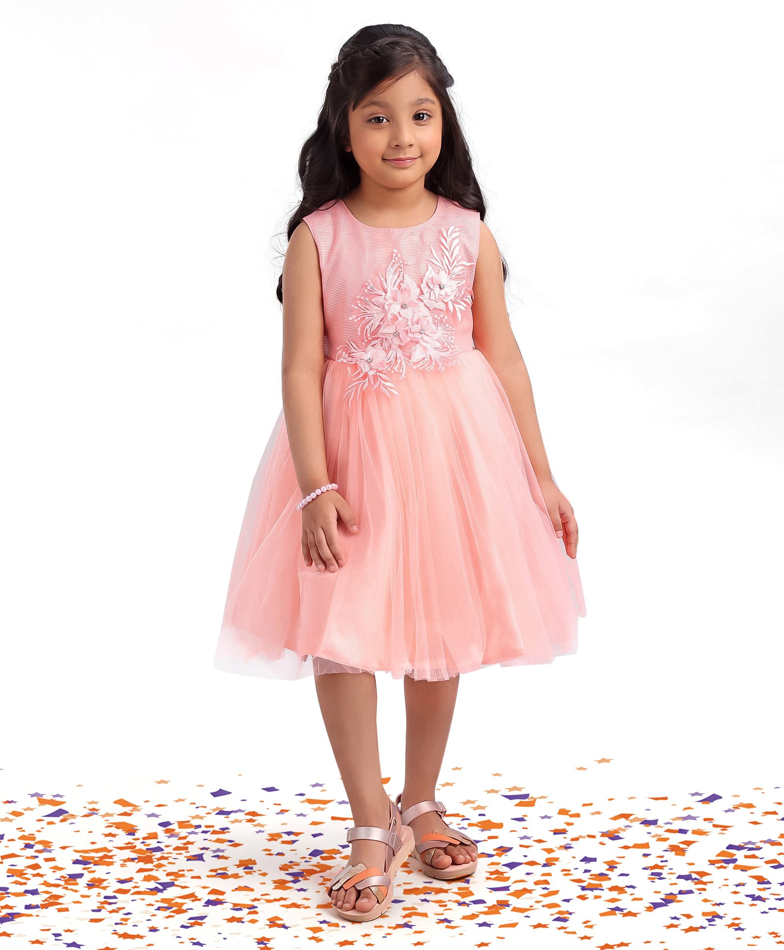 Babyhug Sleeveless Floral Embroidered Party Frock - Peach-image-8