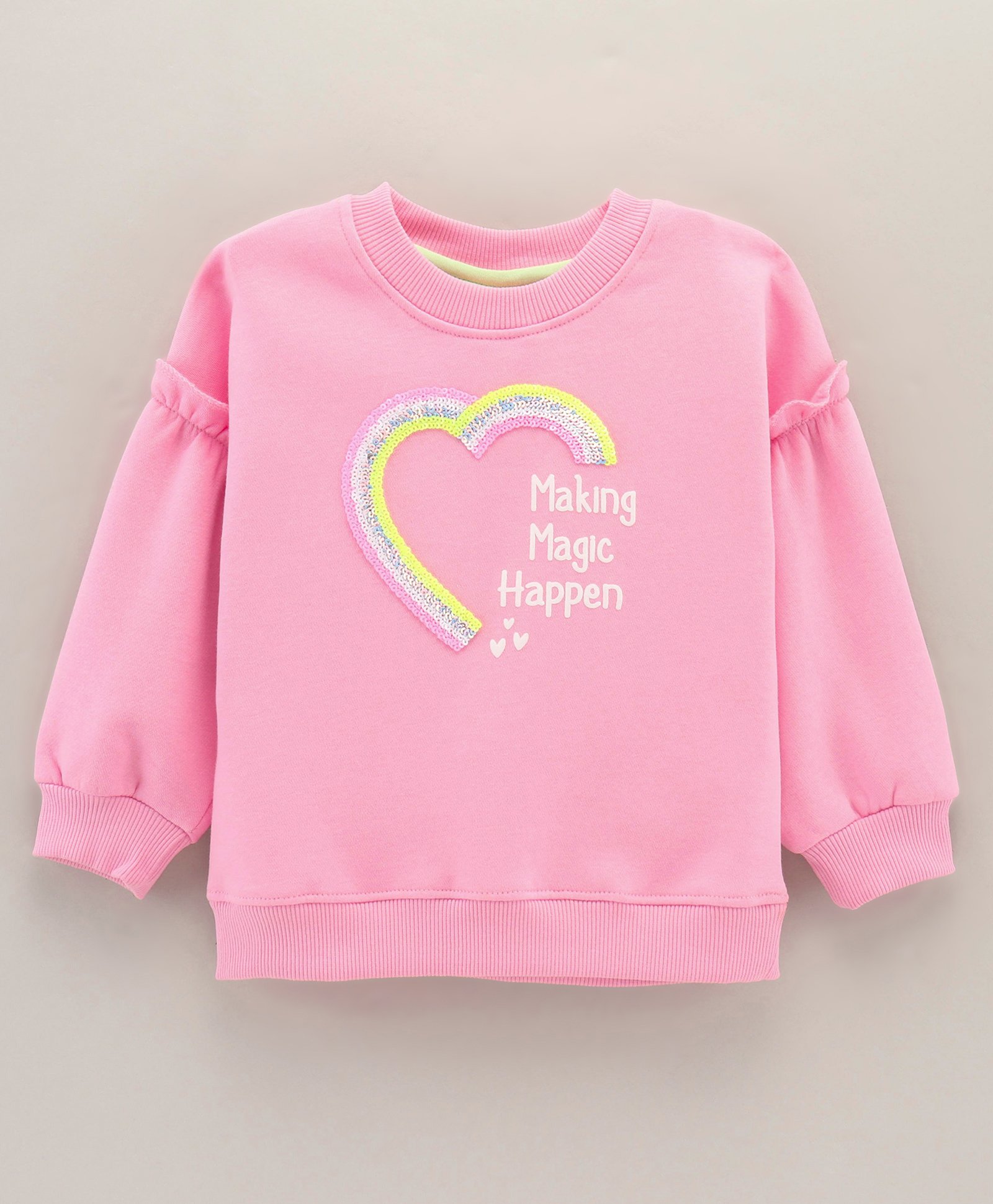 Little Kangaroos Cotton Knit Full Sleeves Sweatshirt Sequin & Text Print - Ballet Pink-image-21