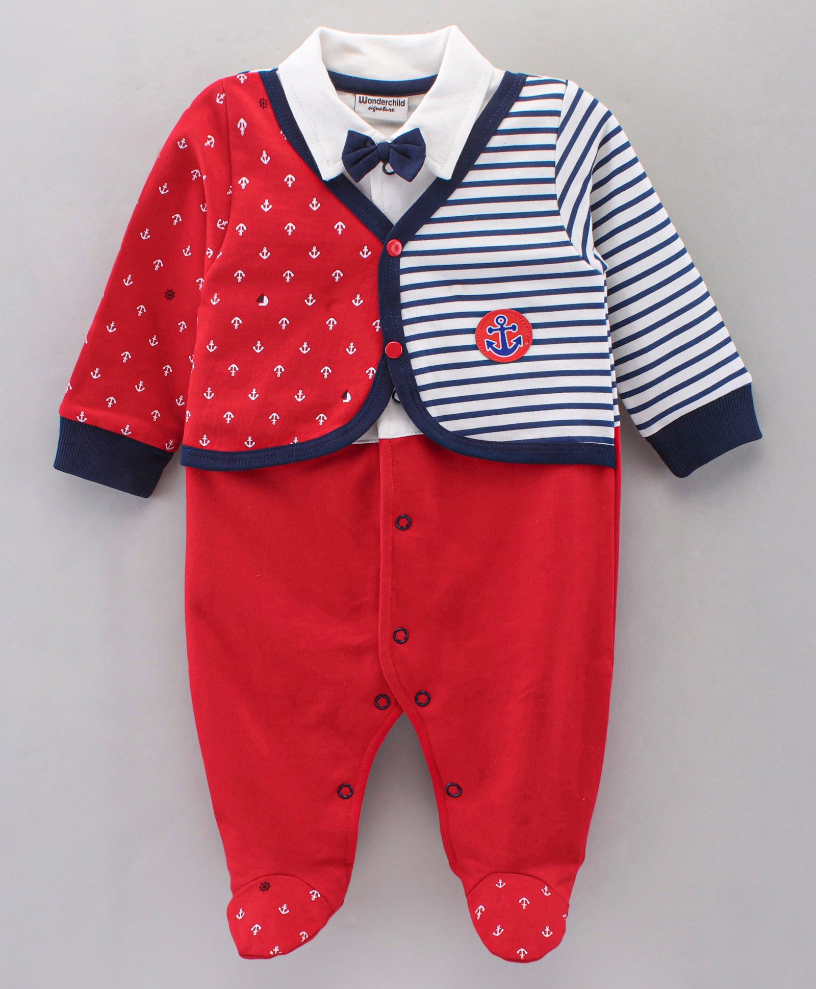 Wonderchild Full Sleeves Striped & Anchor Printed Jacket Style Romper- Red-image-29