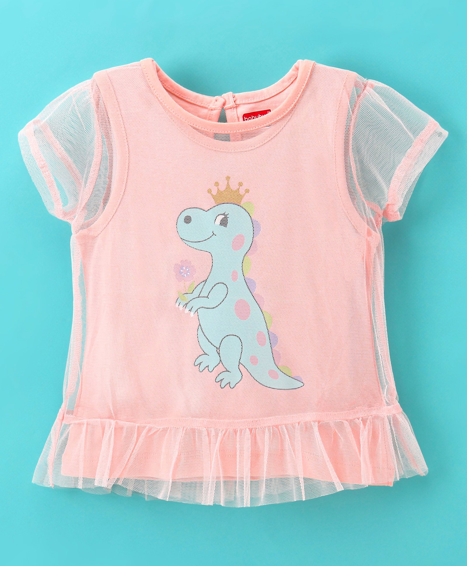 Babyhug 100% Cotton Knit Double Layered Half Sleeves Tee With Separate Outer Mesh Tee Having Dino Graphics & Frill Detailing - Pink-image-2