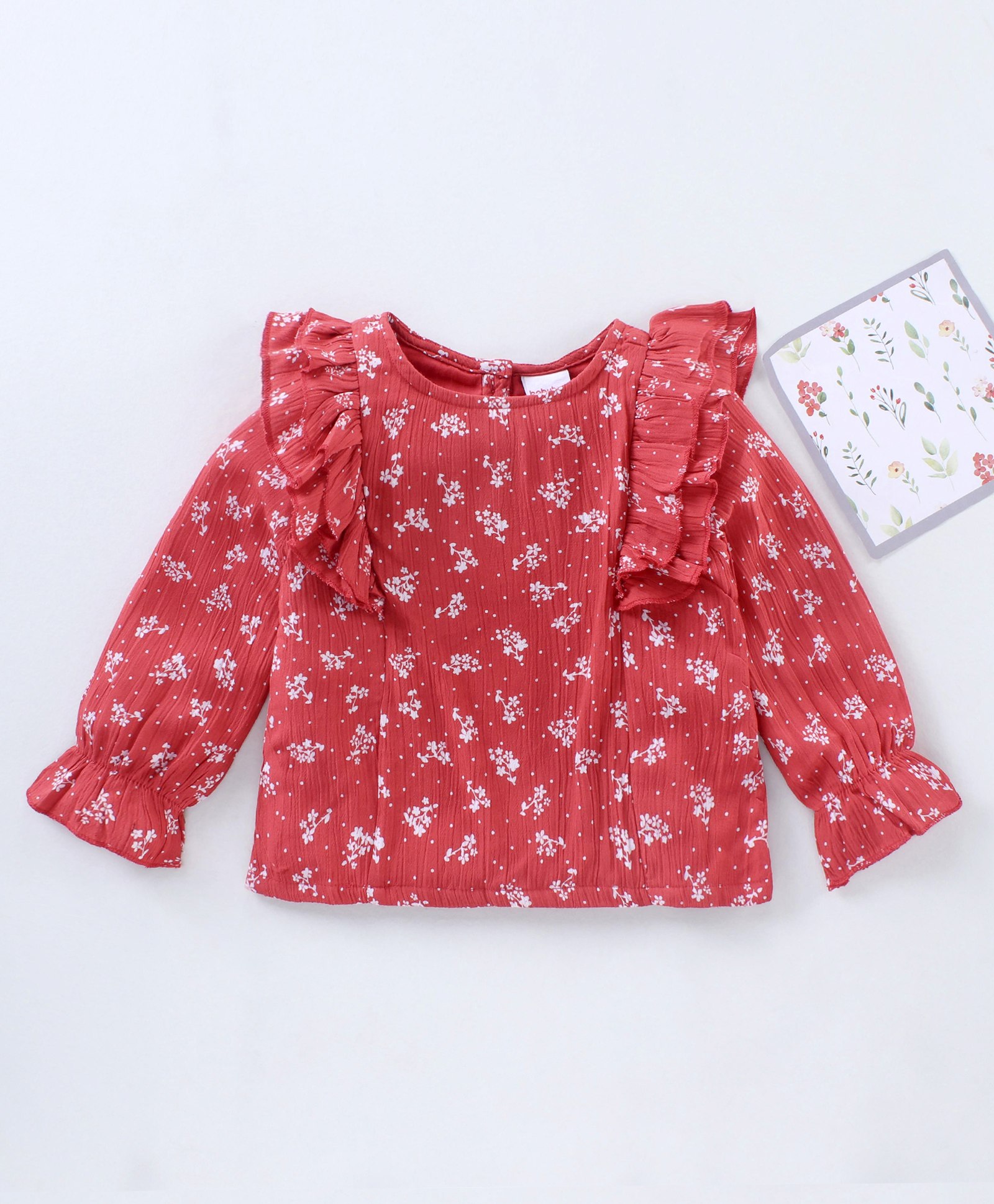 Babyhug Full Sleeves Printed Rayon Crinkle-Crepe Top With Ruffle Detailing- Red-image-26
