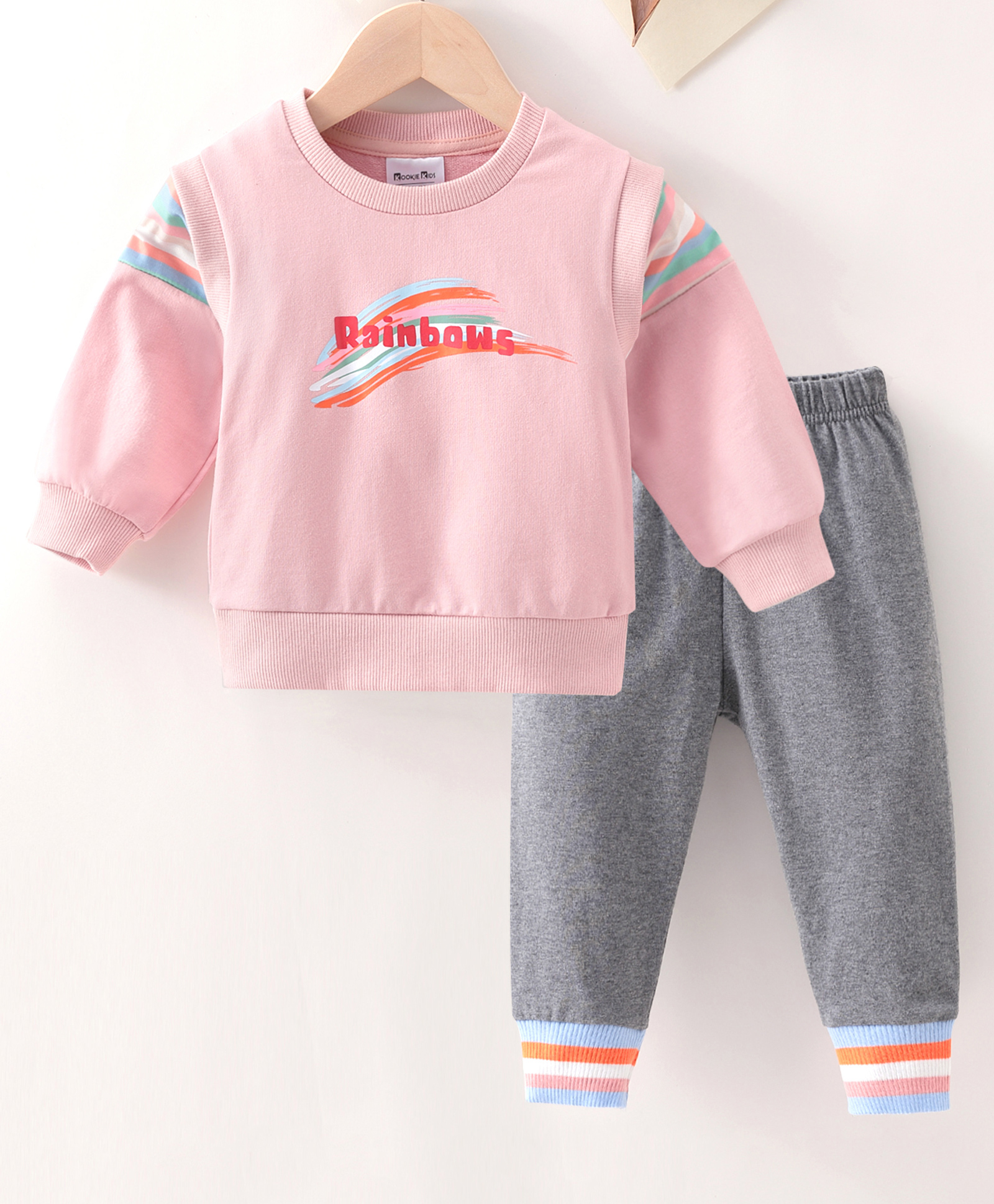 Kookie Kids Full Sleeves Cotton Winter Wear Suit Rainbow & Stripes Print- Pink Grey-image-3