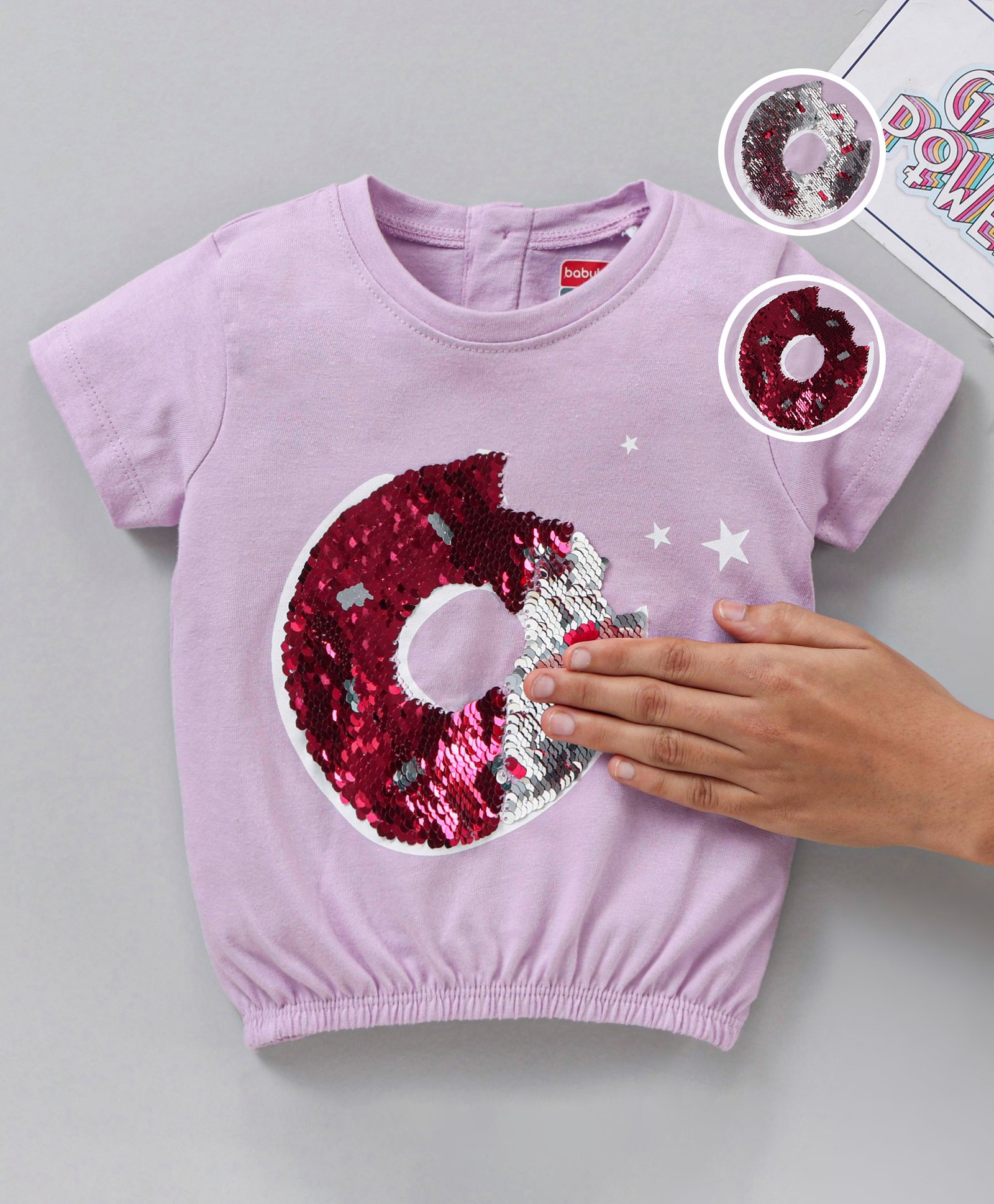 Babyhug Cotton Knit Full Sleeves T-Shirt with Revesible Sequins Pattern - Light Purple-image-3