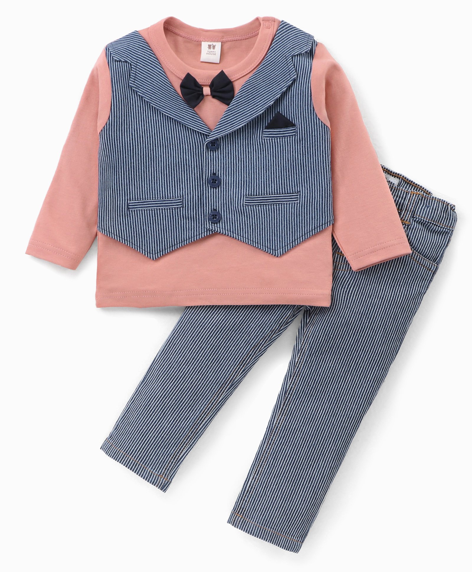 ToffyHouse Full Sleeves T-Shirt Solid with Striped Trouser & Waistcoat & Bow- Grey & Pink-image-7
