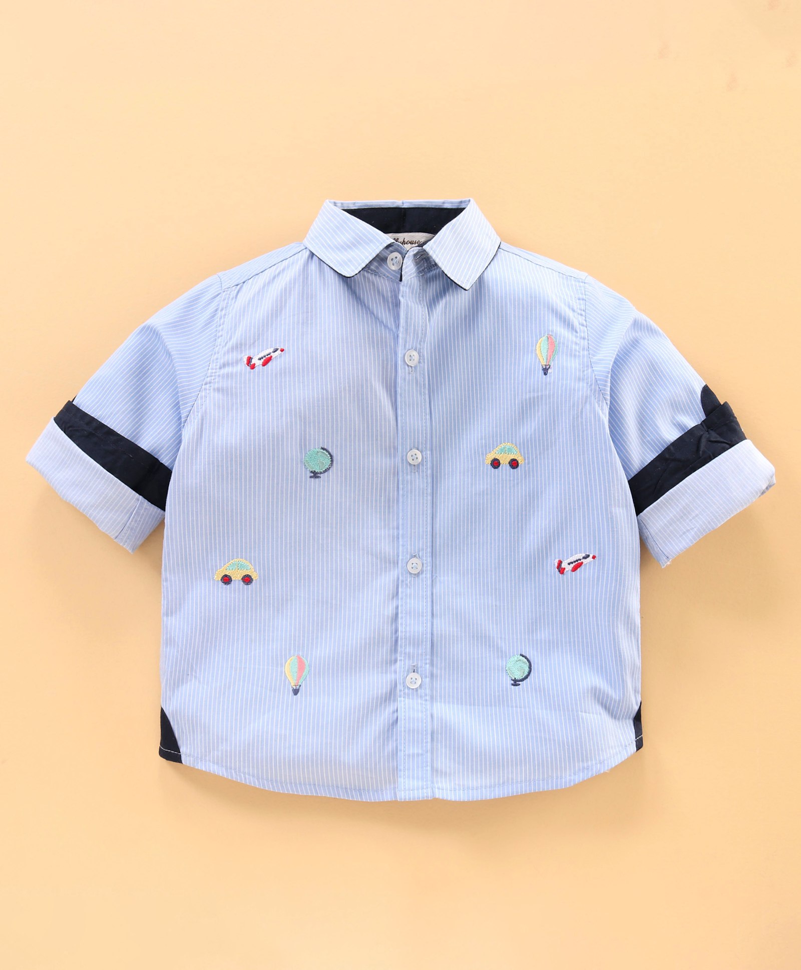 ToffyHouse Full Sleeves Vehicles Embroidery Striped Shirt - Blue-image-45