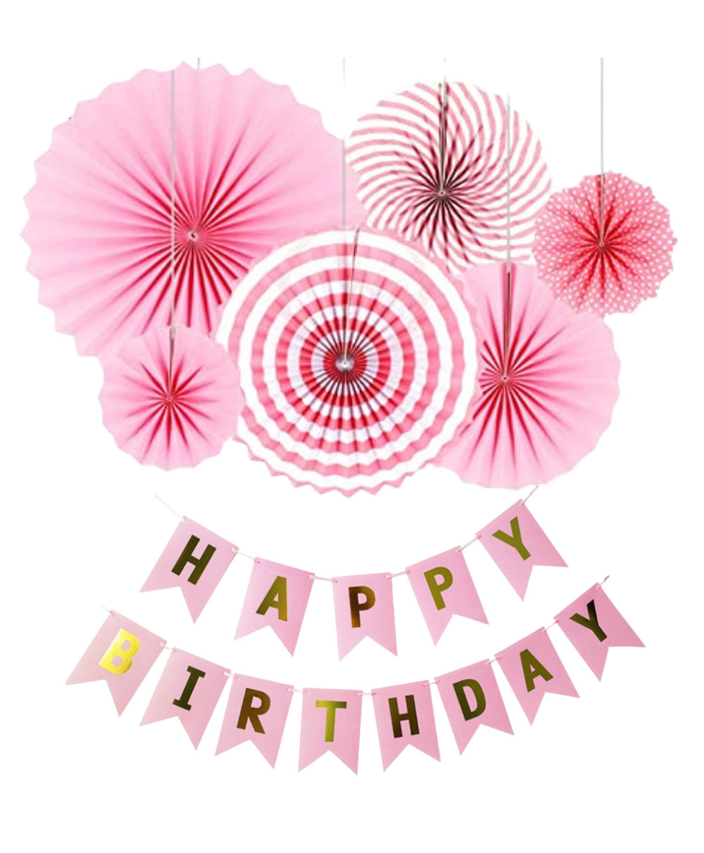 Bubble Trouble Happy Birthday Decoration Kit Pack of 2 Combo with 1 Blue Banner, Paper Fan Set of 6 Pcs (Pink) Birthday Decoration Items-image-10