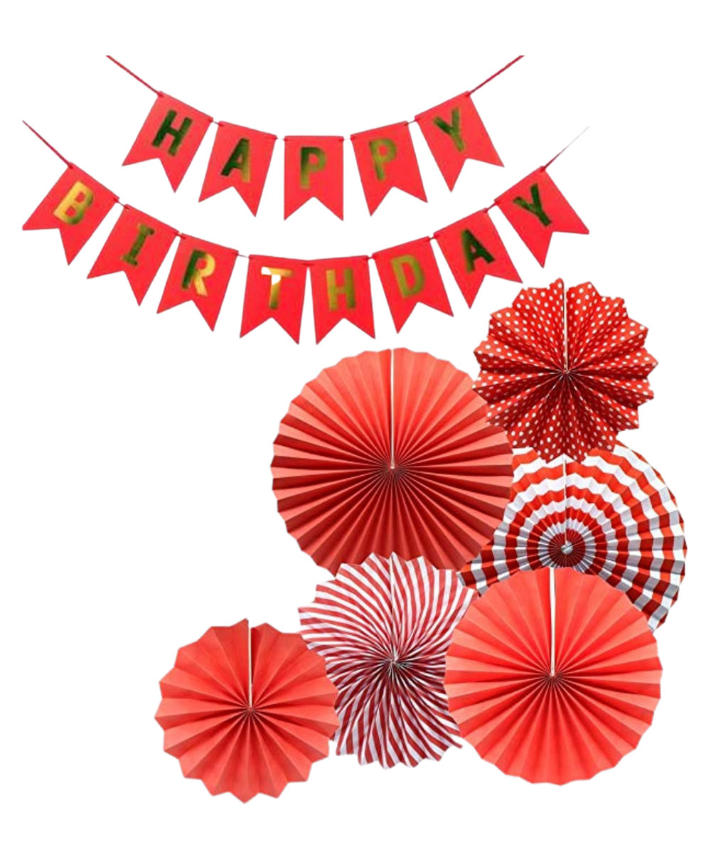 Bubble Trouble Happy Birthday Decoration Kit Pack of 2 Combo with 1 Blue Banner, Paper Fan Set of 6 Pcs (Red) for Kids & Adults Birthday Decoration Items-picture-11