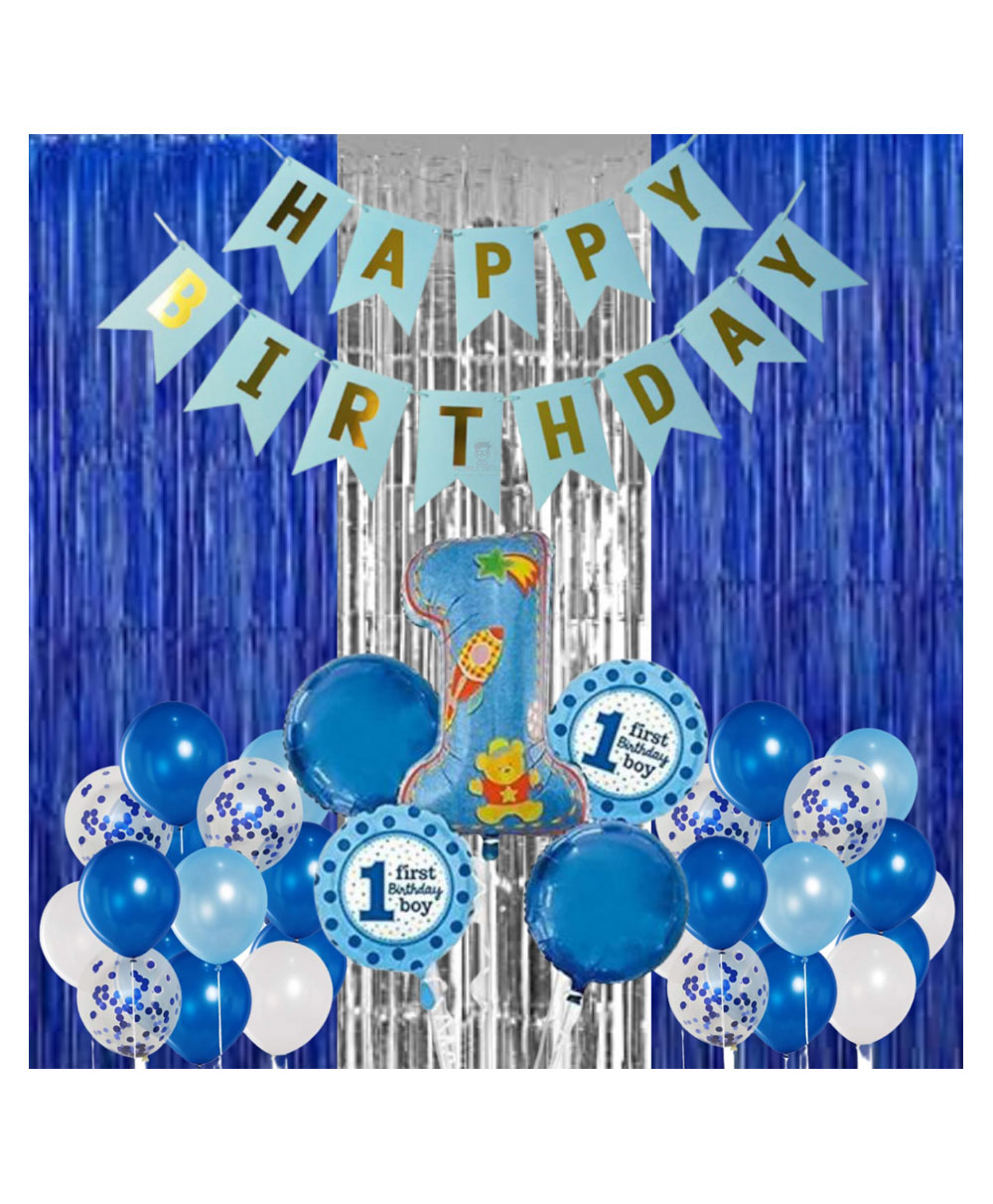 Bubble Trouble Happy Birthday Decoration Kit Combo with 1 Blue Banner 1 Pc 5 pcs First Birthday Set 2 Pcs Blue Fringe Foil Curtain 6 Pcs Dark Blue Balloon for Birthday Decoration Items - Pack of 24-image-19