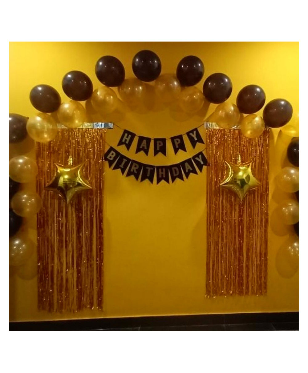 Bubble Trouble Happy Birthday Decoration Kit Combo with 1 Pc Black Birthday Banner 2 Pcs Gold Fringe Foil Curtain 30 Pcs Black Gold Balloons for Kids Birthday Decoration Item - Pack of 36-image-25