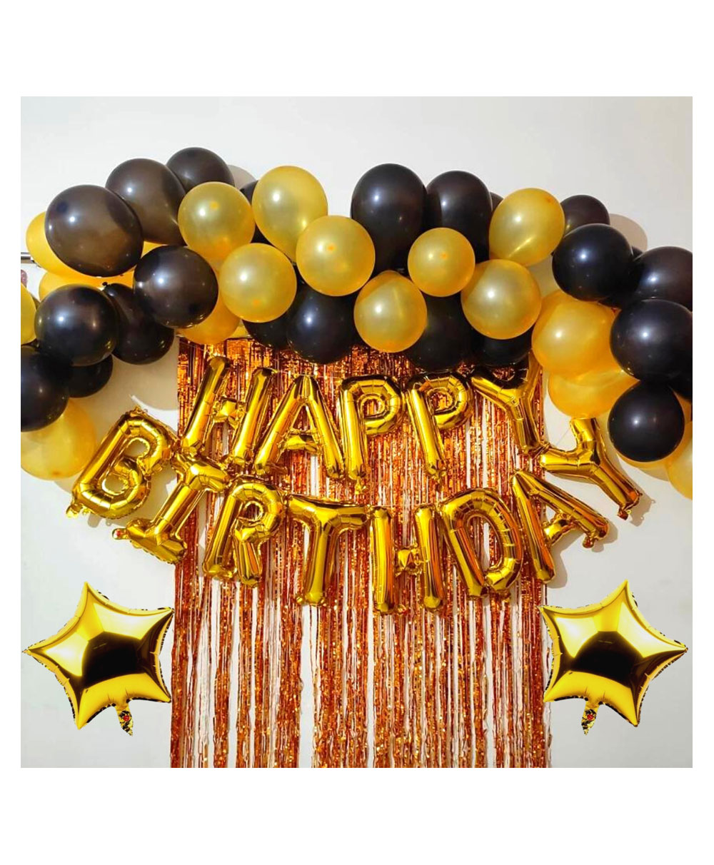 Bubble Trouble Happy Birthday Decoration Kit Combo with 1 Pc Gold Happy Birthday Foil Balloon 50 pcs Black Gold Balloon 1 Pc Arch Roll for Kids Birthday Decoration Item -  Pack of 56-image-40