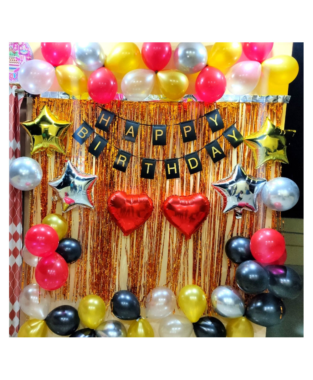 Bubble Trouble Happy Birthday Decoration Kit Combo with 1 Pc Black Banner 2 Pcs Gold Fringe Foil Curtain 40 Pcs Red Black Silver Balloons for Kids Birthday Decoration Item - Pack of 50-image-47