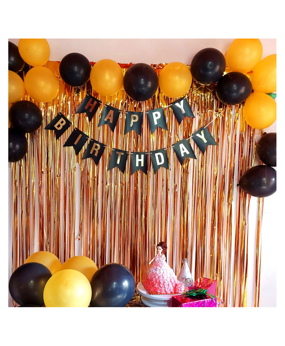 Bubble Trouble Happy Birthday Decoration Kit Combo with 1 Pc Black Birthday Banner 2 Pcs Gold Fringe Foil Curtain 30 Pcs Black Gold Balloons for Kids Birthday Decoration Item - Pack of 34-image-27