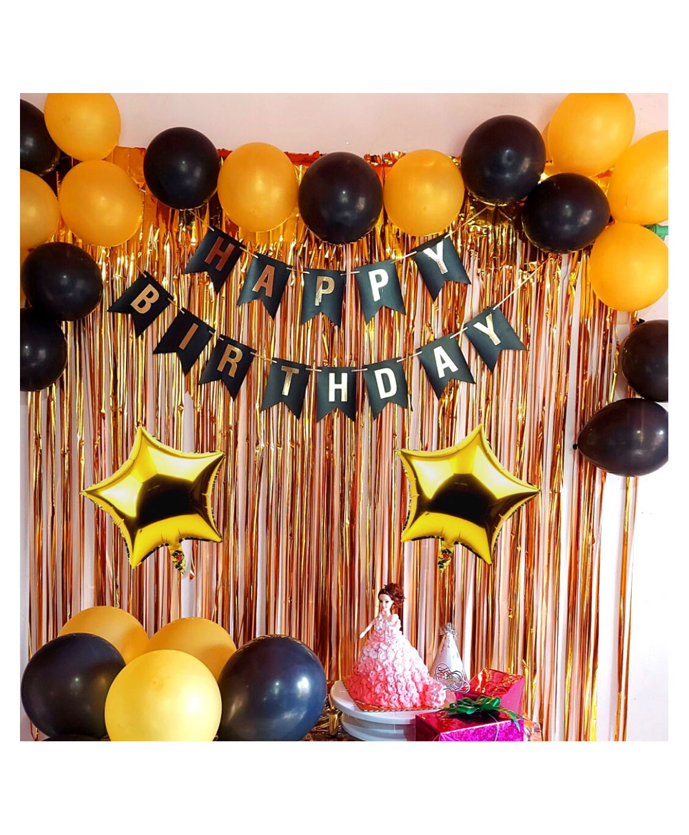 Bubble Trouble Happy Birthday Decoration Kit Combo with 1 Pc Black Birthday Banner 2 Pcs Gold Fringe Foil Curtain 30 Pcs Black Gold Balloons for Kids Birthday Decoration Item -  Pack of 36-image-23