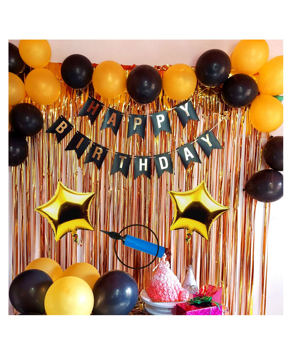Bubble Trouble Happy Birthday Decoration Kit  Combo with 1 Pc Black Birthday Banner 2 Pcs Gold Fringe Foil Curtain 30 Pcs Black Gold Balloons for Kids Birthday Decoration Item - Pack of 37-image-24