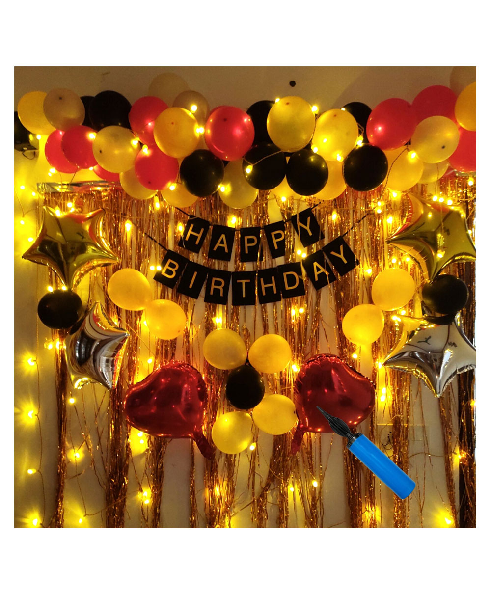 Bubble Trouble Happy Birthday Decoration Kit  Combo with 1 Pc Black Banner 2 Pcs Gold Fringe Foil Curtain 40 Pcs Red Black Gold Silver Balloons for Kids Birthday Decoration Item - Pack of 53-image-31