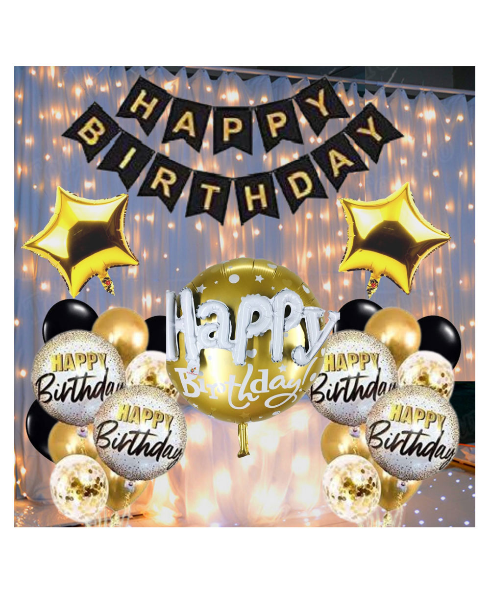 Bubble Trouble Happy Birthday Decoration Kit Combo with 1 Pc Black Banner 1 Pc Led Light 1 Pc 5 Pcs 3d Foil Balloon Set 20 Pcs Black Gold Balloons for Kids Birthday Decoration Item - Pack of 43-image-22