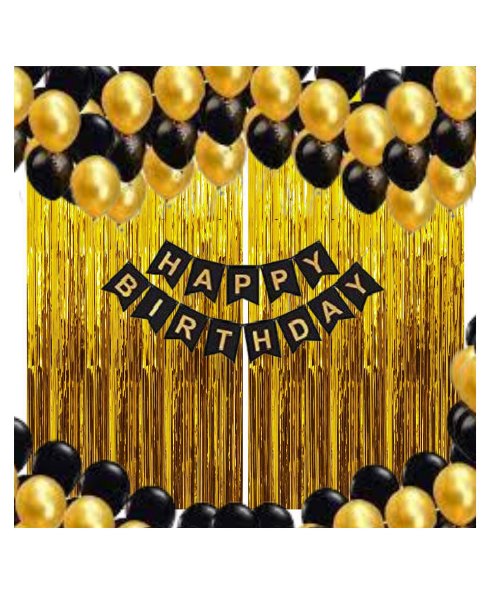 Bubble Trouble Happy Birthday Decoration Kit  Combo with 2 Pcs Gold Fringe Foil Curtains 1 Black Birthday Banner 25 Pcs Black Balloons for Kids Birthday Decoration Items - Pack of 53-image-37