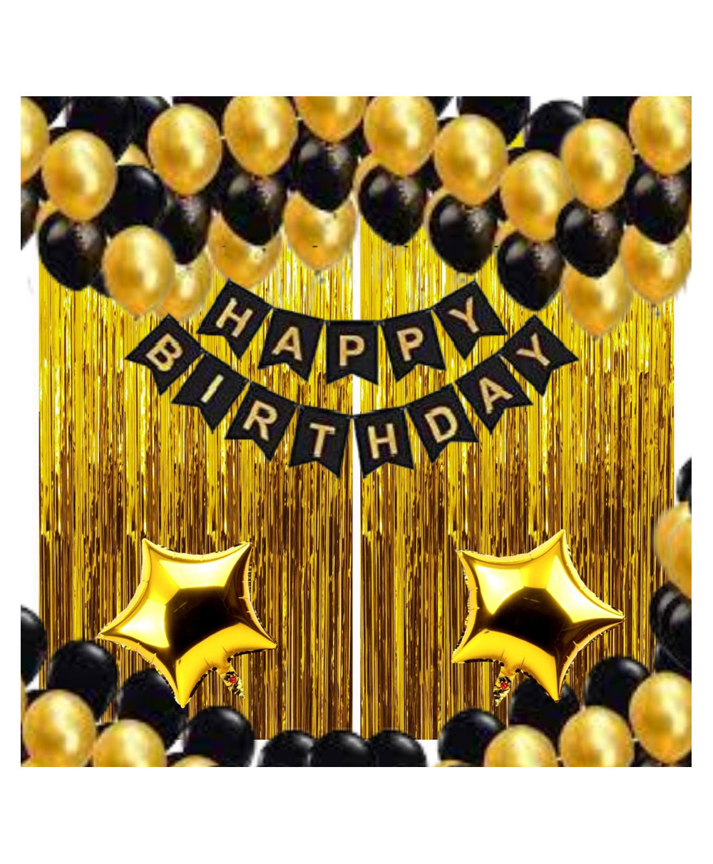 Bubble Trouble Happy Birthday Decoration Kit Pack of 55 Combo with 2 Pcs Gold Fringe Foil Curtains 1 Black Birthday Banner 25 Pcs Black Balloons for Kids Birthday Decoration Items-image-14