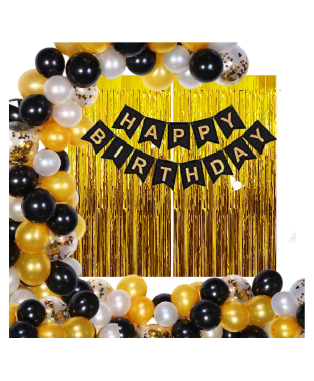Bubble Trouble Happy Birthday Decoration Kit Pack of 58 Combo with 2 Pcs Gold Fringe Foil Curtains 1 Pc Black Banner 1 Pc Arch 50 Pcs Black GOld Silver Balloons for Kids Birthday Decoration Items-image-43
