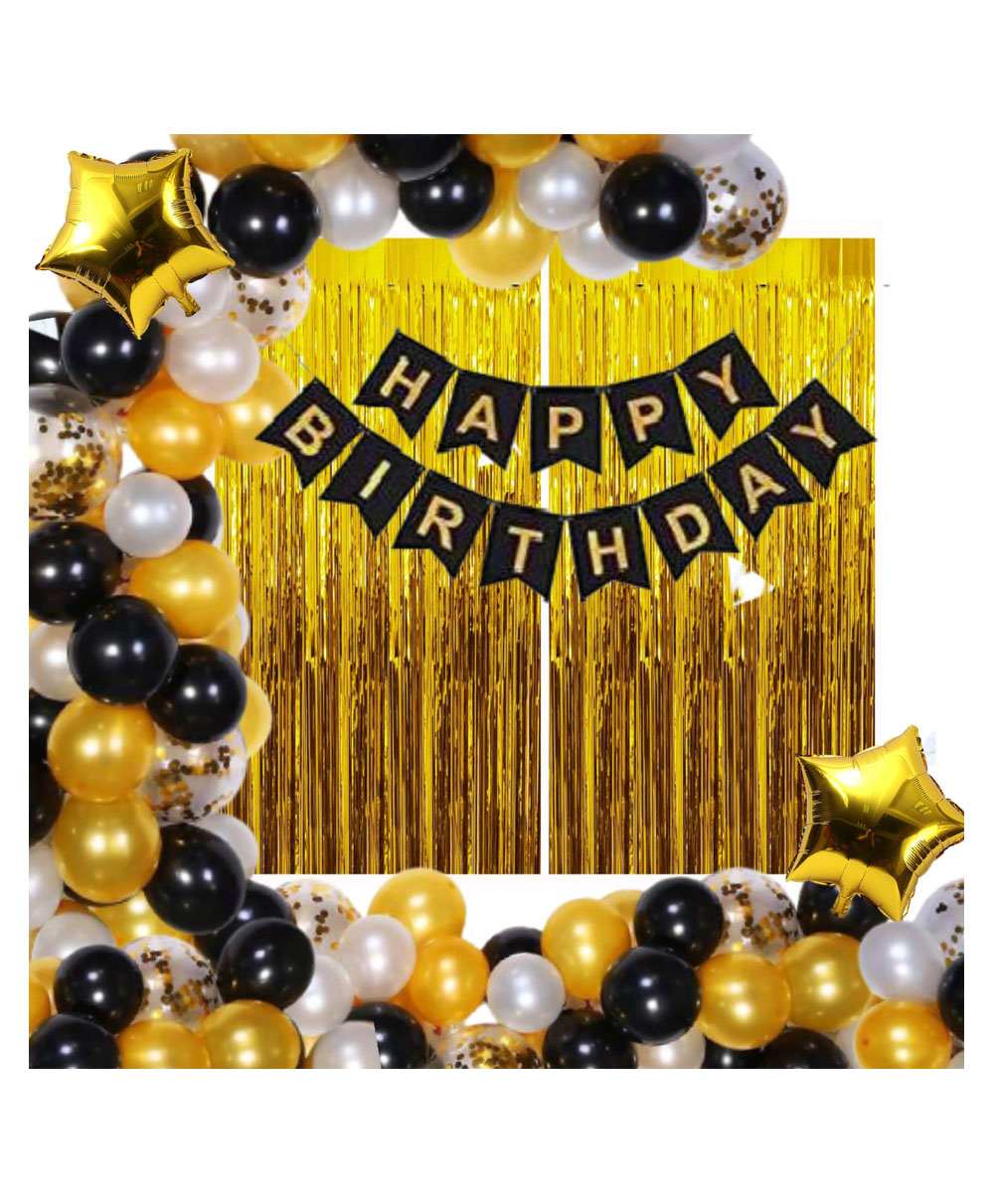Bubble Trouble Happy Birthday Decoration Kit Pack of 60 Combo with 2 Pcs Gold Fringe Foil Curtains 1 Pc Black Banner 1 Pc Arch 50 Pcs Black Gold Silver Balloons for Kids Birthday Decoration Items-image-12
