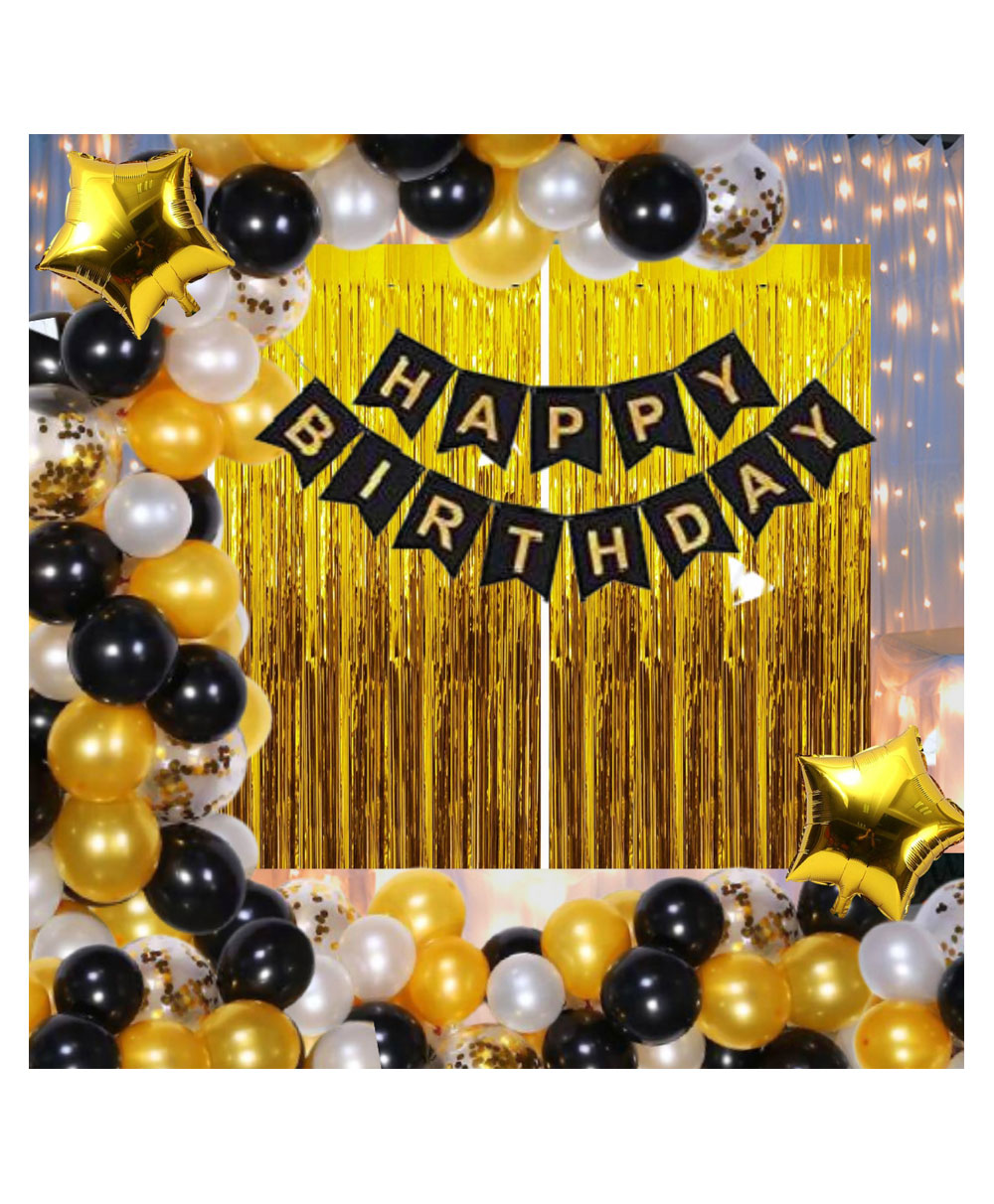 Bubble Trouble Happy Birthday Decoration Kit Pack of 61 Combo with 2 Pcs Gold Fringe Foil Curtains 1 Pc Black Banner 1 Pc Arch 50 Pcs Black Gold Silver Balloons for Kids Birthday Decoration Items-image-44