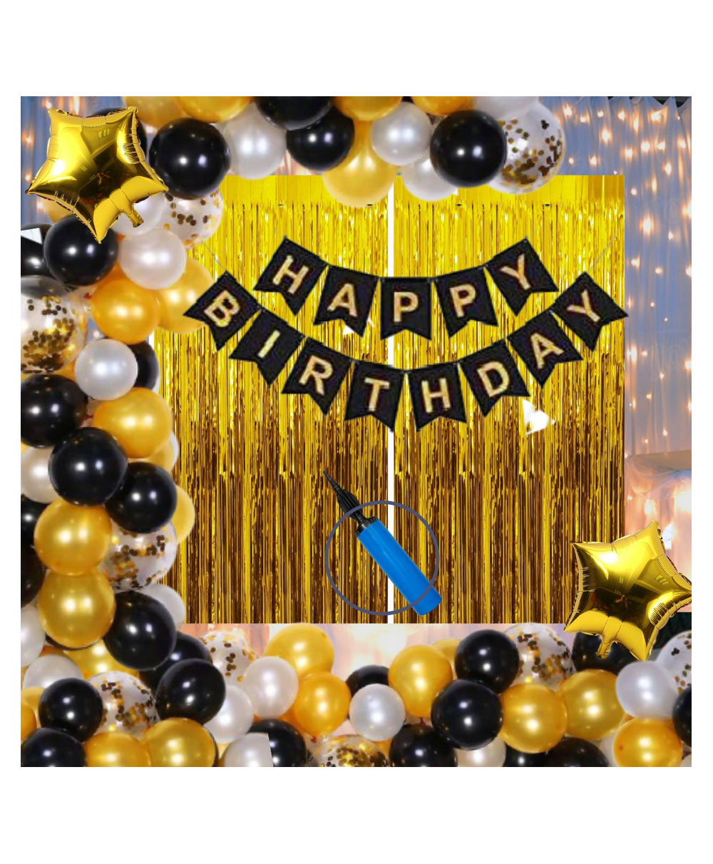 Bubble Trouble Happy Birthday Decoration Kit Pack of 62 Combo with 2 Pcs Gold Fringe Foil Curtains 1 Pc Black Banner 1 Pc Arch 50 Pcs Black Gold Silver Balloons for Kids Birthday Decoration Items-image-45