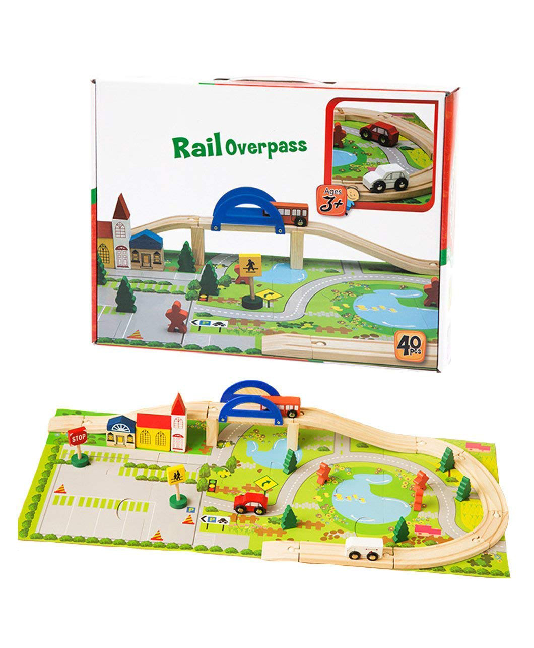 HAPPY HUES Wooden Track Car Bridge Toy Set with Puzzle Playmat & Scenic Accessories - 40 Pieces-image-15
