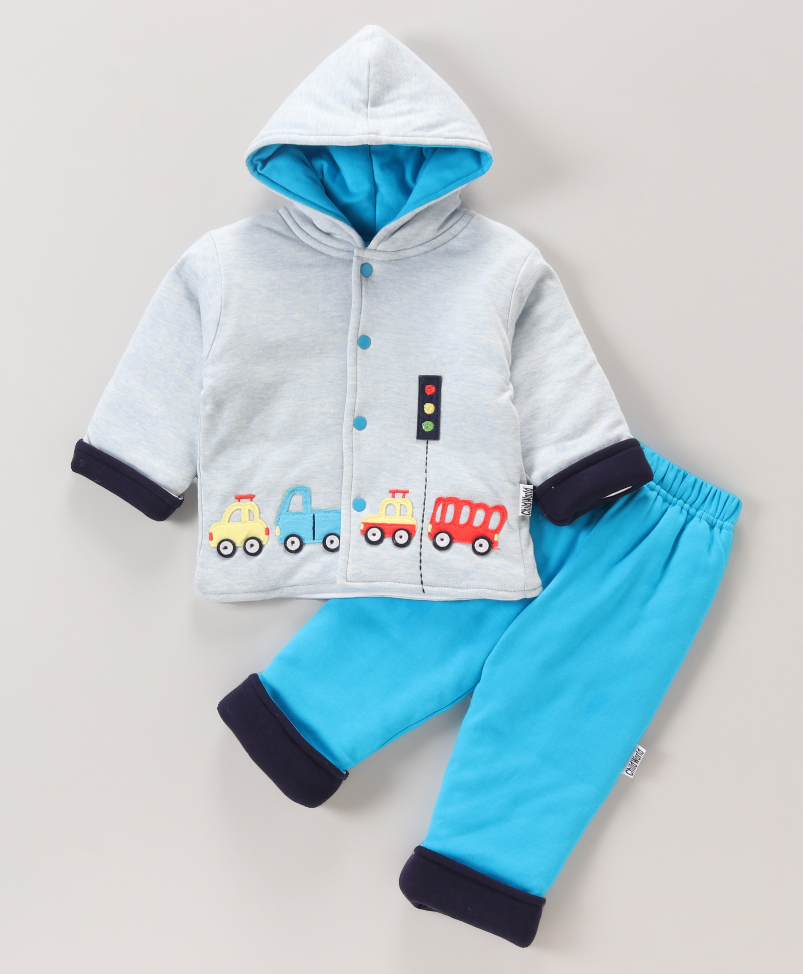 Child World Full Sleeves Hooded Winter Wear Suit Car Embroidery - Blue Grey-image-16