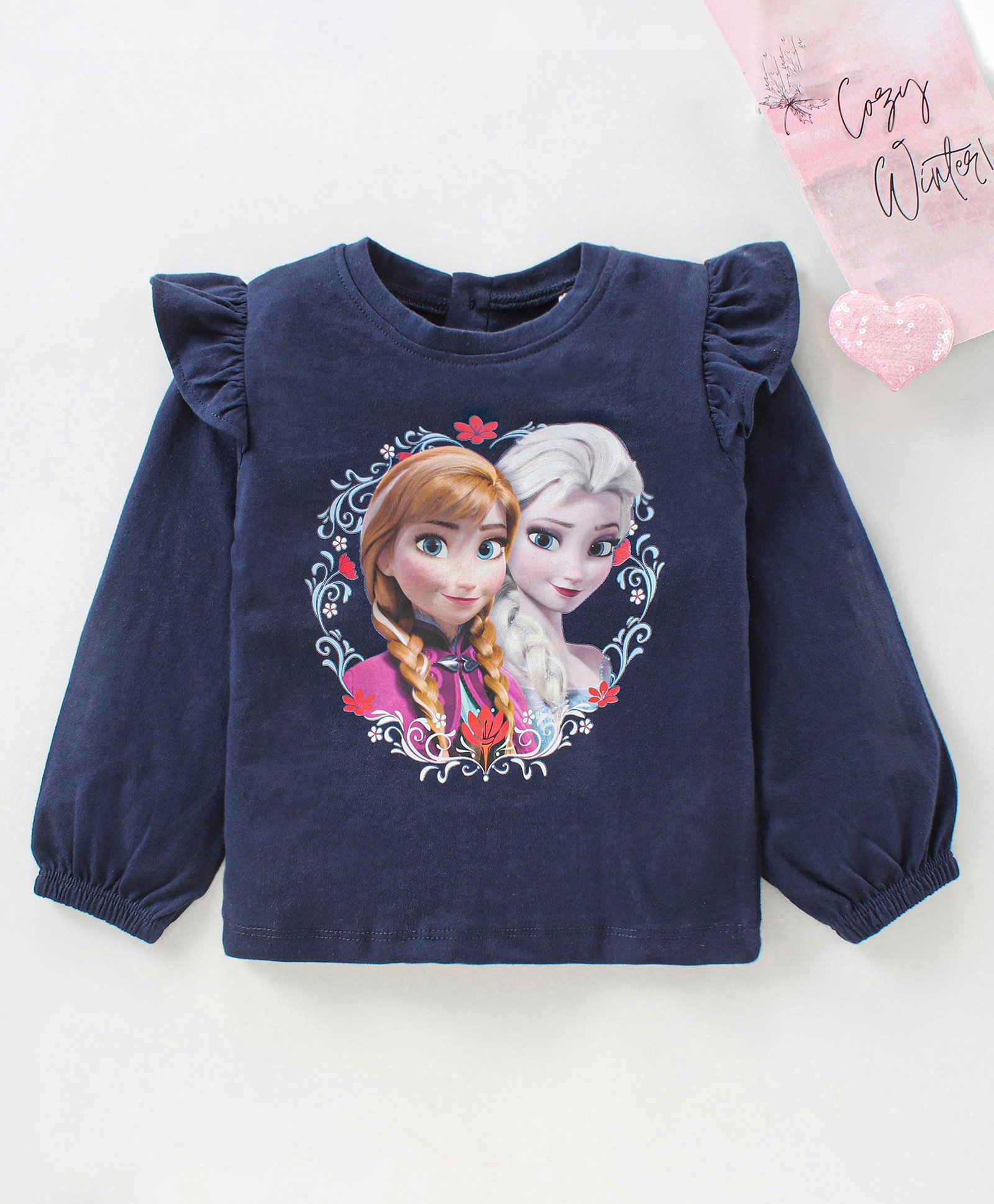 Babyhug Full Sleeves Cotton Tee With Frill Detailing Disney Anna & Elsa Graphics- Navy Blue-image-16