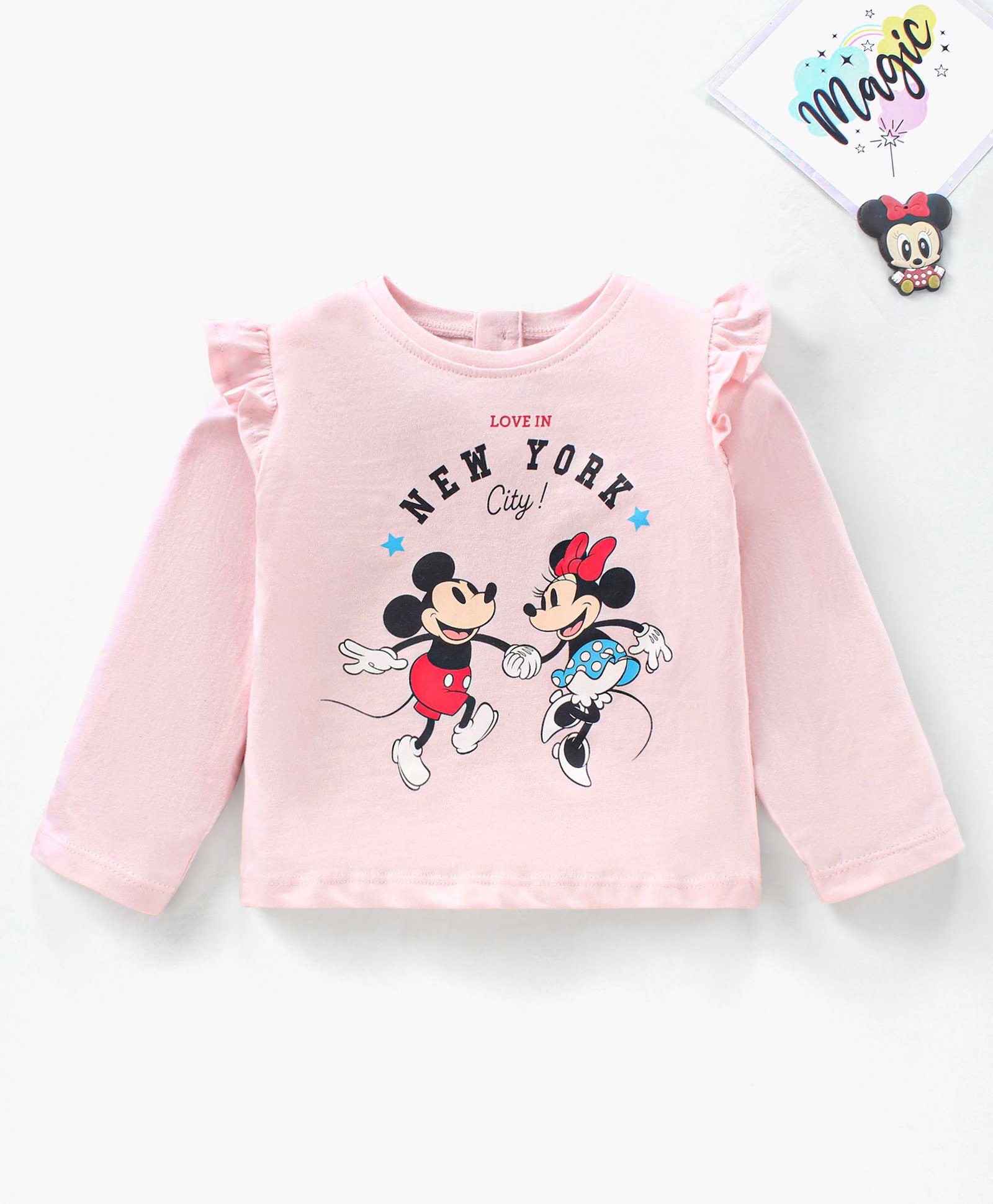 Babyhug Full Sleeves Cotton Tee With Frill Detailing Mickey & Minnie Mouse Graphics- Light Pink-image-17