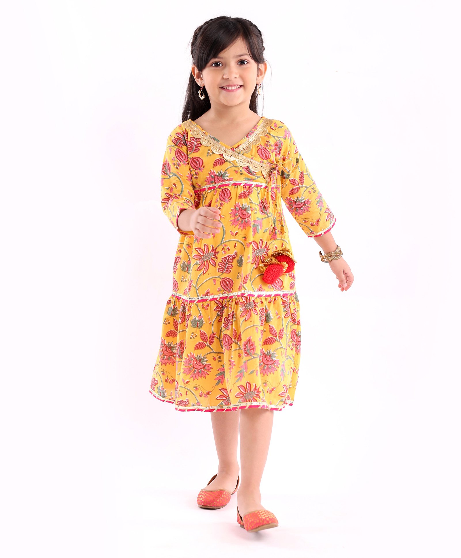 Teentaare Cotton Woven Three Fourth Sleeves Ethnic Dress Floral Print - Mustard Yellow-image-46