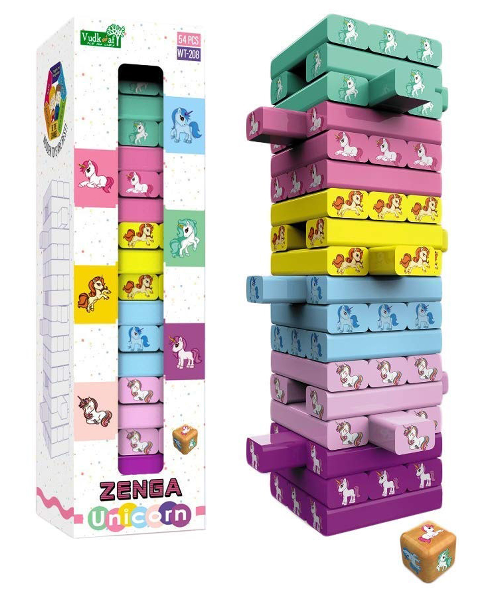 Vellique Unicorn 55 Pcs Printed Educational Wooden Stacking Tumbling Tower Blocks Toys Building Blocks for Kids-image-5