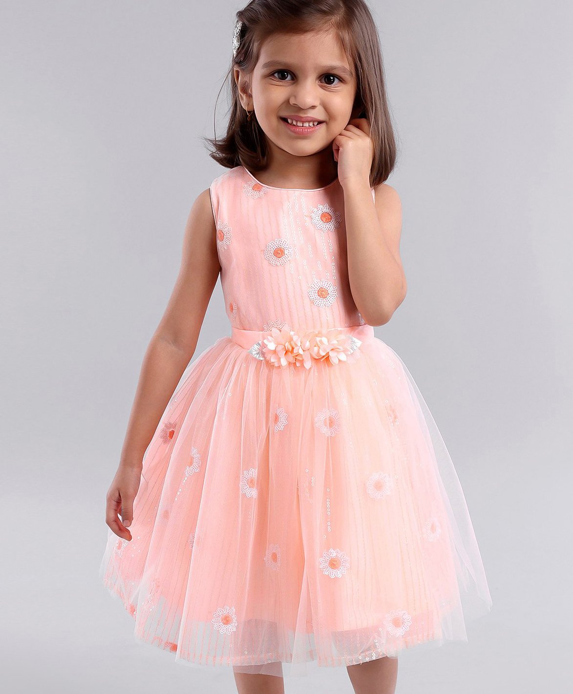 Babyhug Sleeveless Embroidered Party Wear Frock - Peach-image-11