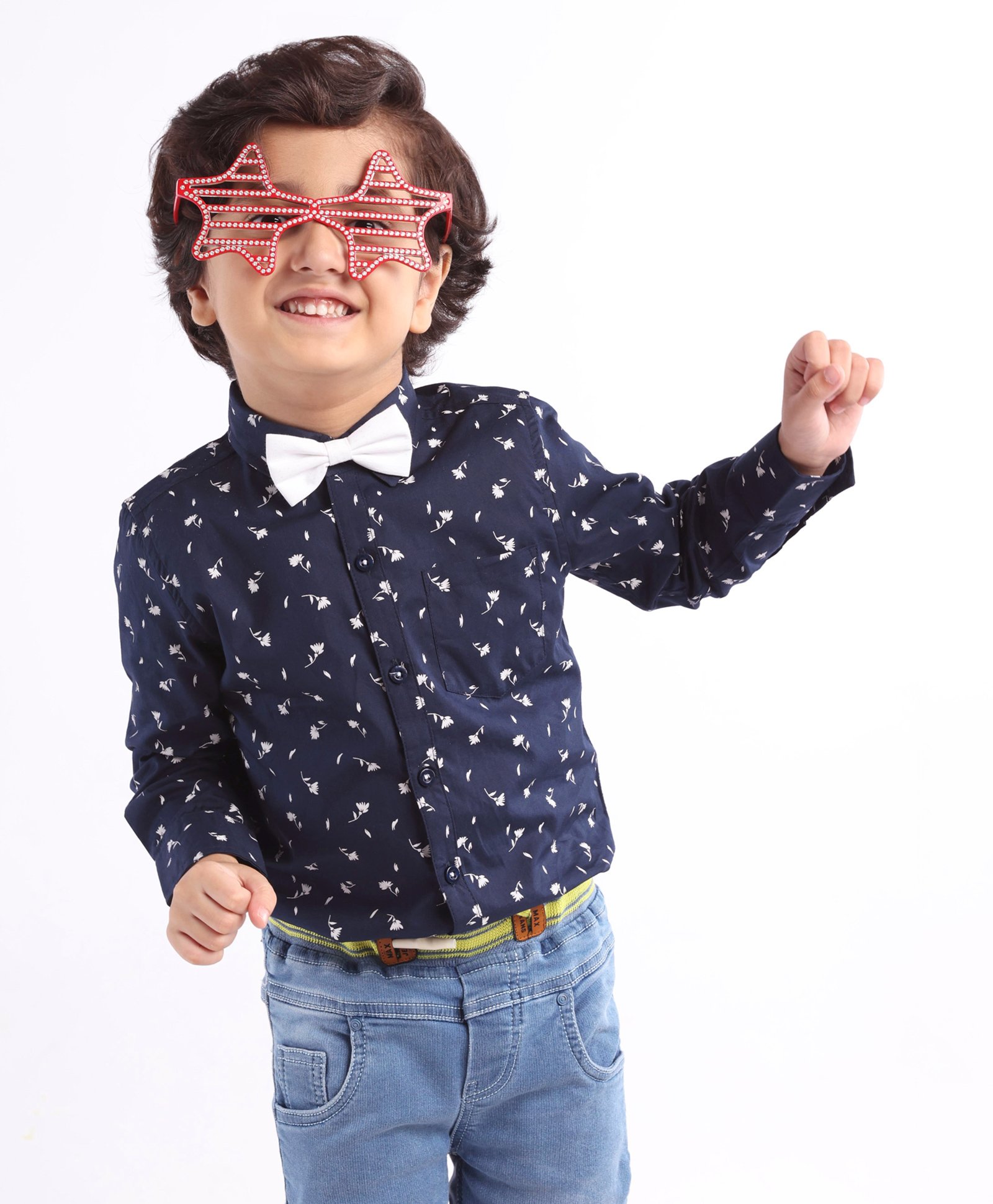 Babyhug Cotton Woven Full Sleeves Shirt with Bow All Over Print - Navy and Black-image-12